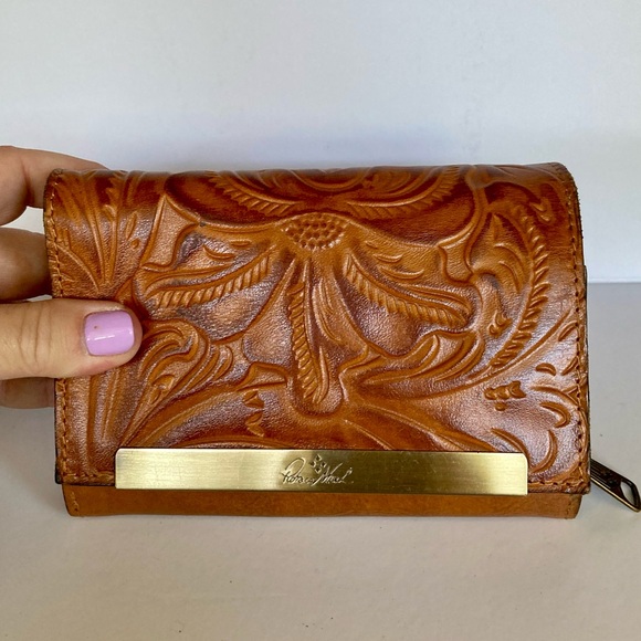 Patricia Nash Leather Cametti Trifold Wallet Organizer Tan Tooled Embossed Gold - Picture 10 of 16